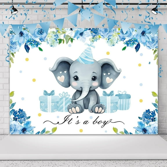 Elephant Baby Shower Backdrop for Photography for Boy Blue Floral Watercolor It's a Boy Cute Animal Cartoon Background Party Decorations Cake Table Banner Decor Photo Booth Studio Props