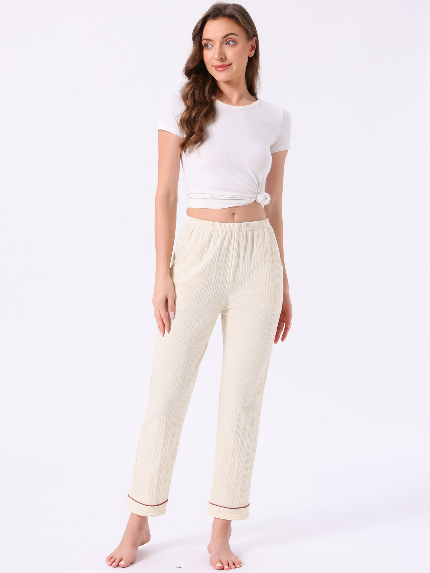 DARING DIVA Women's Cotton Knit Ribbed Elastic Waist Loungewear L White