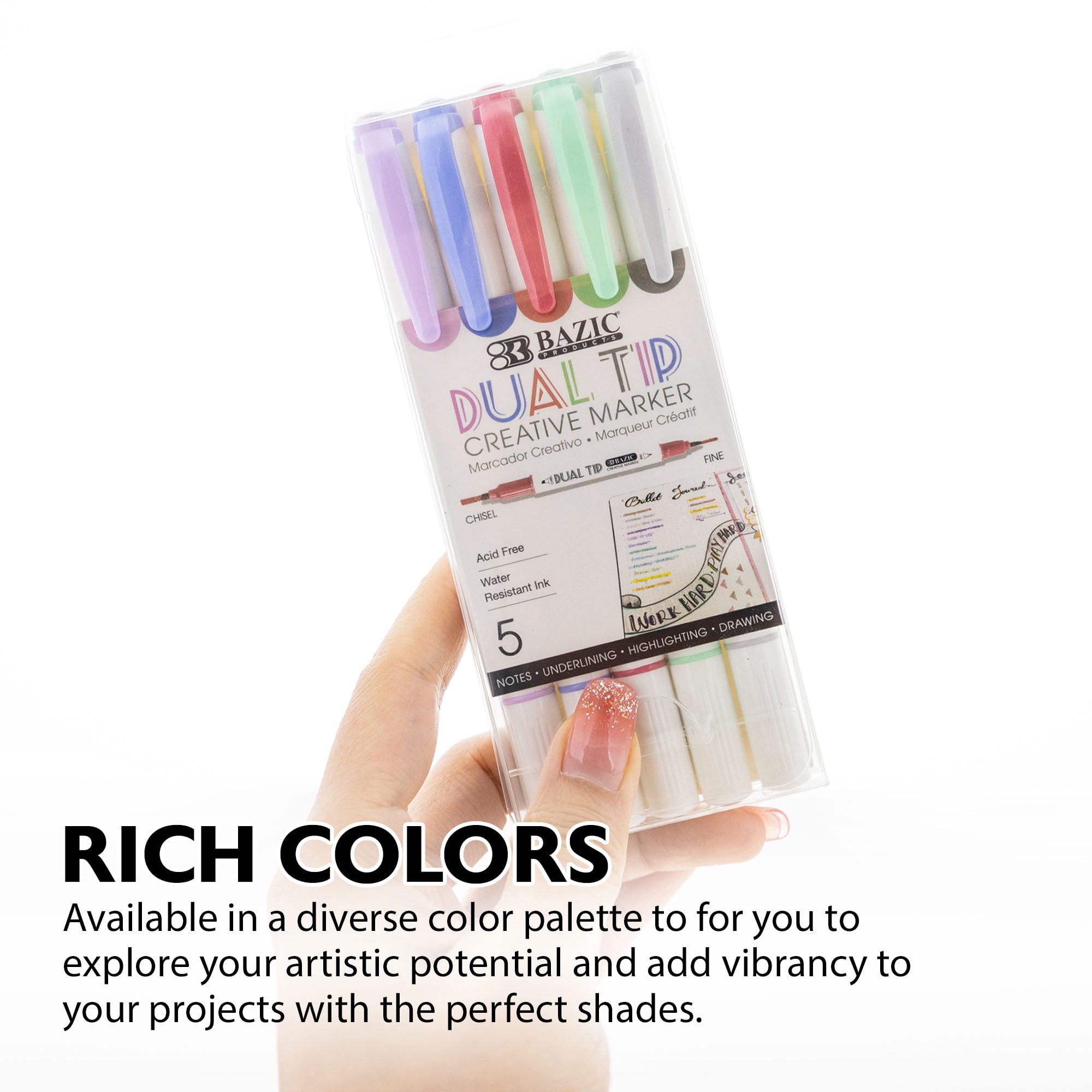 BAZIC Dual Tip Creative Markers Set, Broad & Fine Point Tips Highlighter, 5 Colors Art Marker Pens, 24-Packs