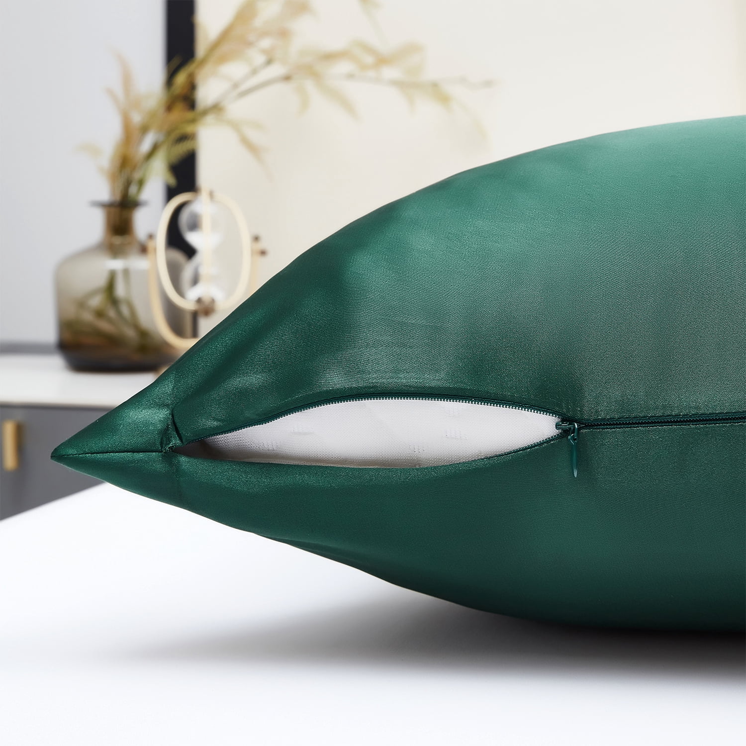 HIG Cooling Curved Pillow Cases 2 Pack King - Silky Soft Stretch Satin Pillow Shams, Dark Green - 20x36 Inches