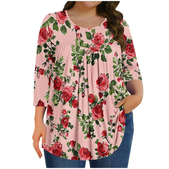 Mgmyaa Plus Size Blouses for Women Dressy Casual Crew Neck 3/4 Sleeve Tops Beach Vocation TShirts