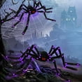 thumbnail image 1 of 2 Set Giant Halloween Spider Decorations - 5ft & 4ft - Purple LED Lights - Funny Prank Kit - Spooky Yard Decor, 1 of 7