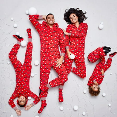 

Family Matching Christmas Pajamas Set String Lights Pattern One-Piece Zip-Front Sleepwear with Hood for Women Men Kids Baby