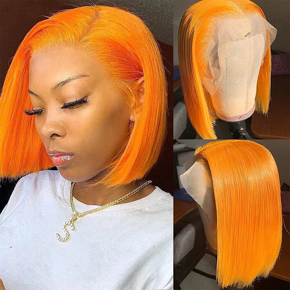 13X4 Straight Short Bob Wig Ginger Orange Bob Lace Front Wigs Colored Human  Hair Wigs For Women Orange Highlight Bob Lace Wigs 12inch 