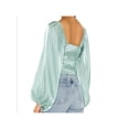 thumbnail image 2 of LINE + DOT Womens Green Stretch Smocked Gathered Bishop Sleeve Tie Fitted Square Neck Party Top S, 2 of 3