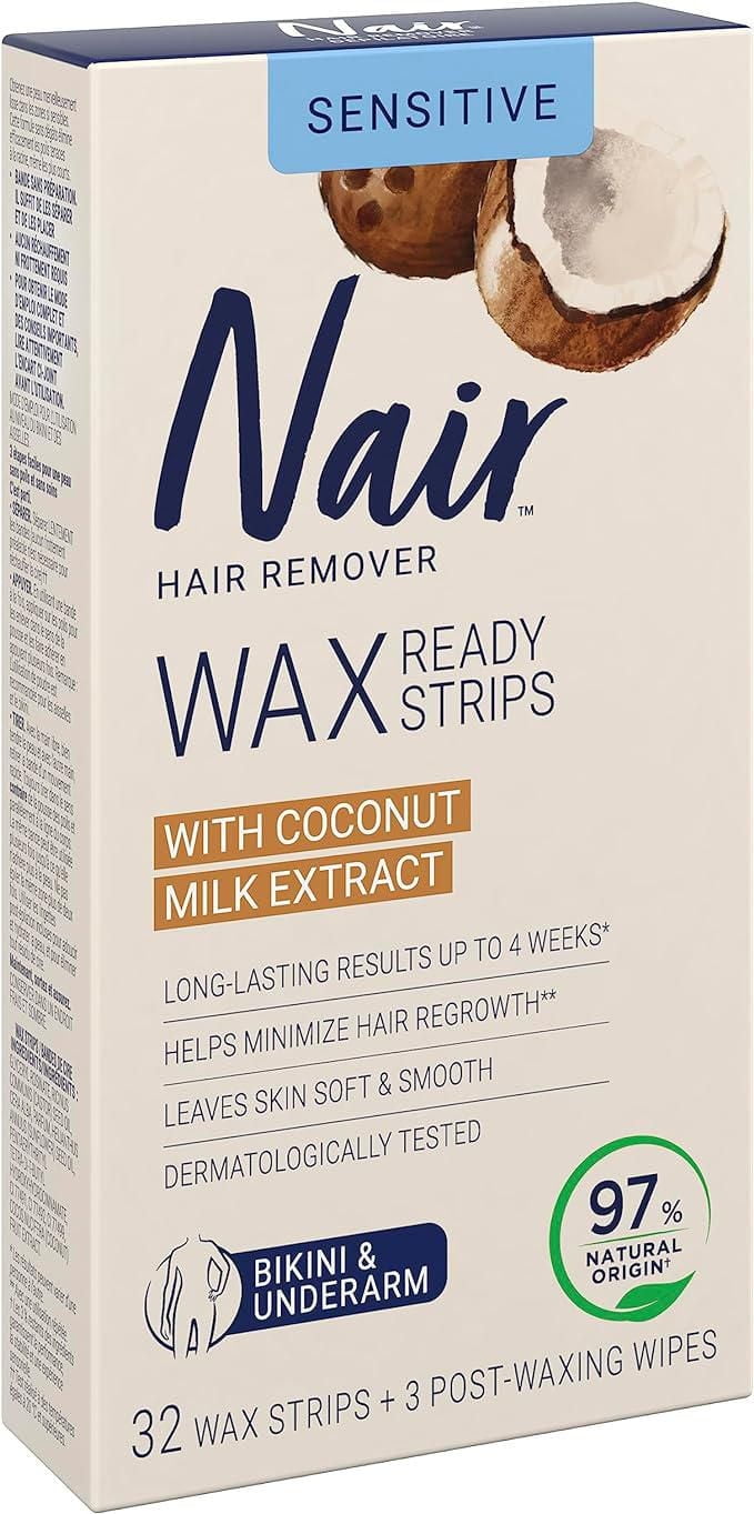 Nair Wax Ready Strips for Sensitive Skin with Coconut Milk Oil, 32 Wax strips + 3 Wipes