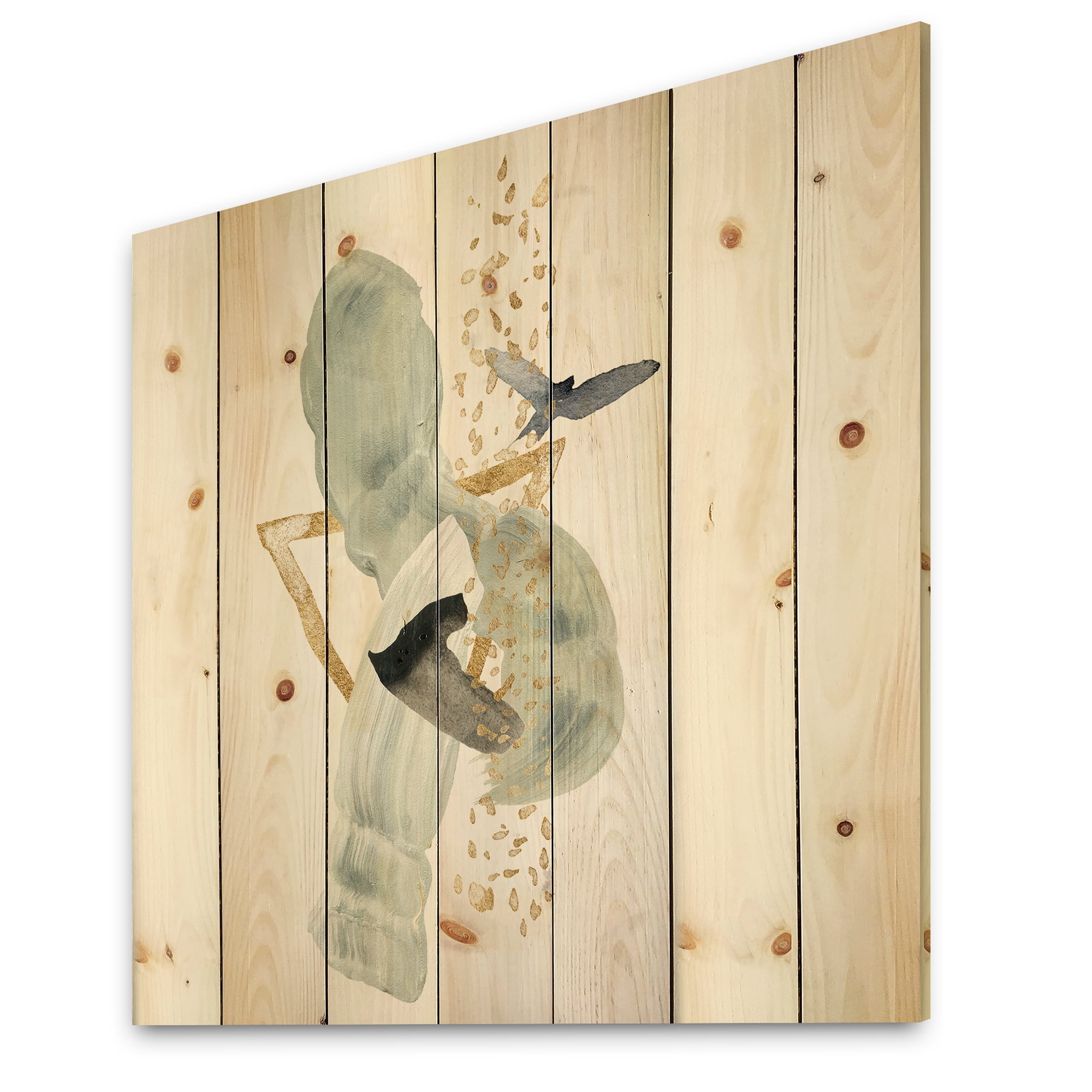 Designart 'Abstract Golden Mountain With Bird and Moon' Modern Print on Natural Pine Wood