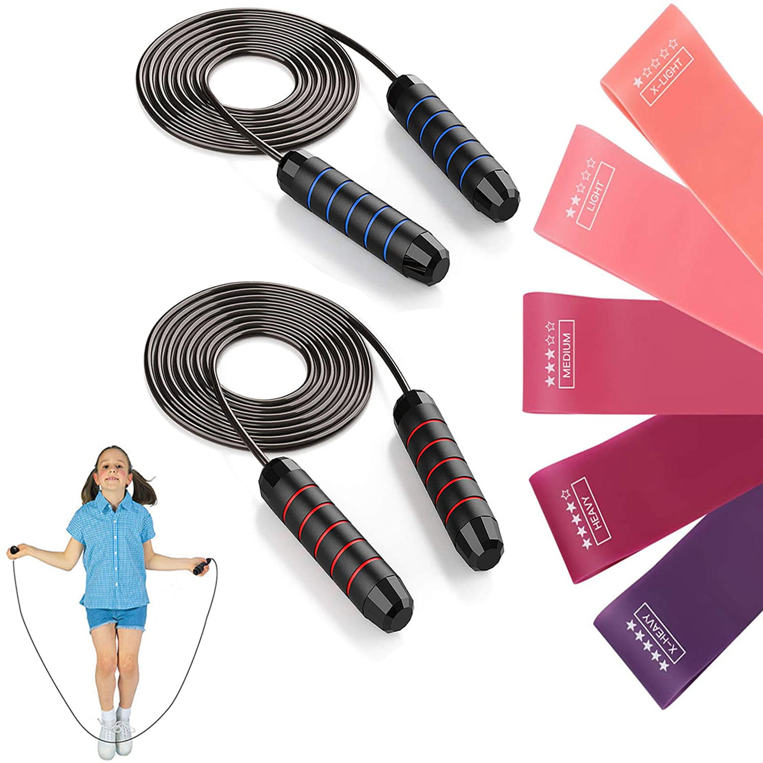 Jumping Rope and Resistance Exercise Bands,Tangle-Free with Ball Bearings Rapid Speed Jump Rope Set and Workout Jump Cable a Set of 5 Latex Workout Bands in Different Strength