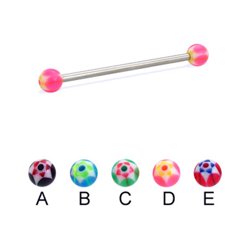 Long Barbell (Industrial Barbell) With Acrylic Star Balls, 12 Ga,2