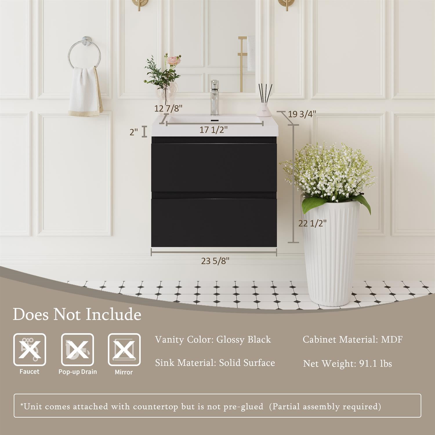 Demi Bonn 24" Floating Bathroom Vanity with Sink, Resin Top Basin and 2 Soft Close Drawers, Faucets and Drains Not Included, Black