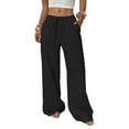 thumbnail image 2 of Cotton Linen Pants Women High Waisted Wide Leg Pants Comfy Drawstring Athletic Workout Gym Trousers with Pockets Black M, 2 of 5