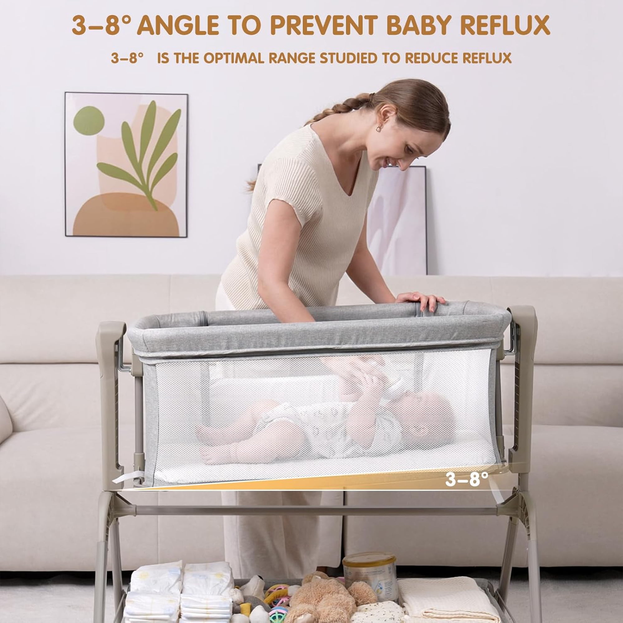 Ezebaby Baby Bassinet Bedside Sleeper, 3-in-1 Rocking Bassinet, Breathable Full-Mesh Baby Crib with 6 Height Adjustable and Lockable Wheels for Newborns