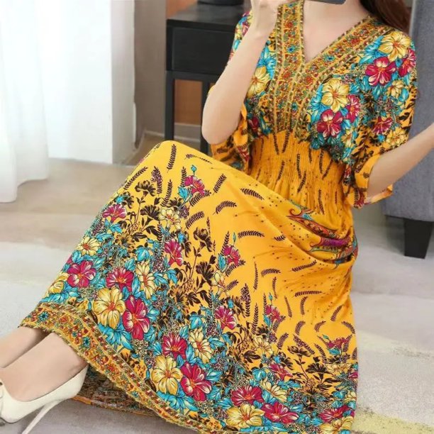 Plus Size Bohemian Summer Sweet Printed V-Neck Batwing Sleeved Beach Dress Women's Dress Ethnic Holiday Large Swing Midi Dress
