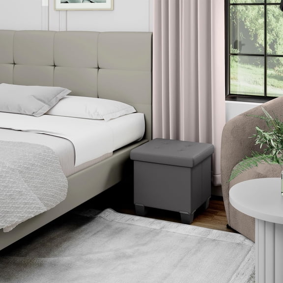 Storage Ottoman Cube with Storage Bin, 15-In Square Ottoman for Living Room and Bedroom, Small Foot , Gray Faux Leather  660lbs