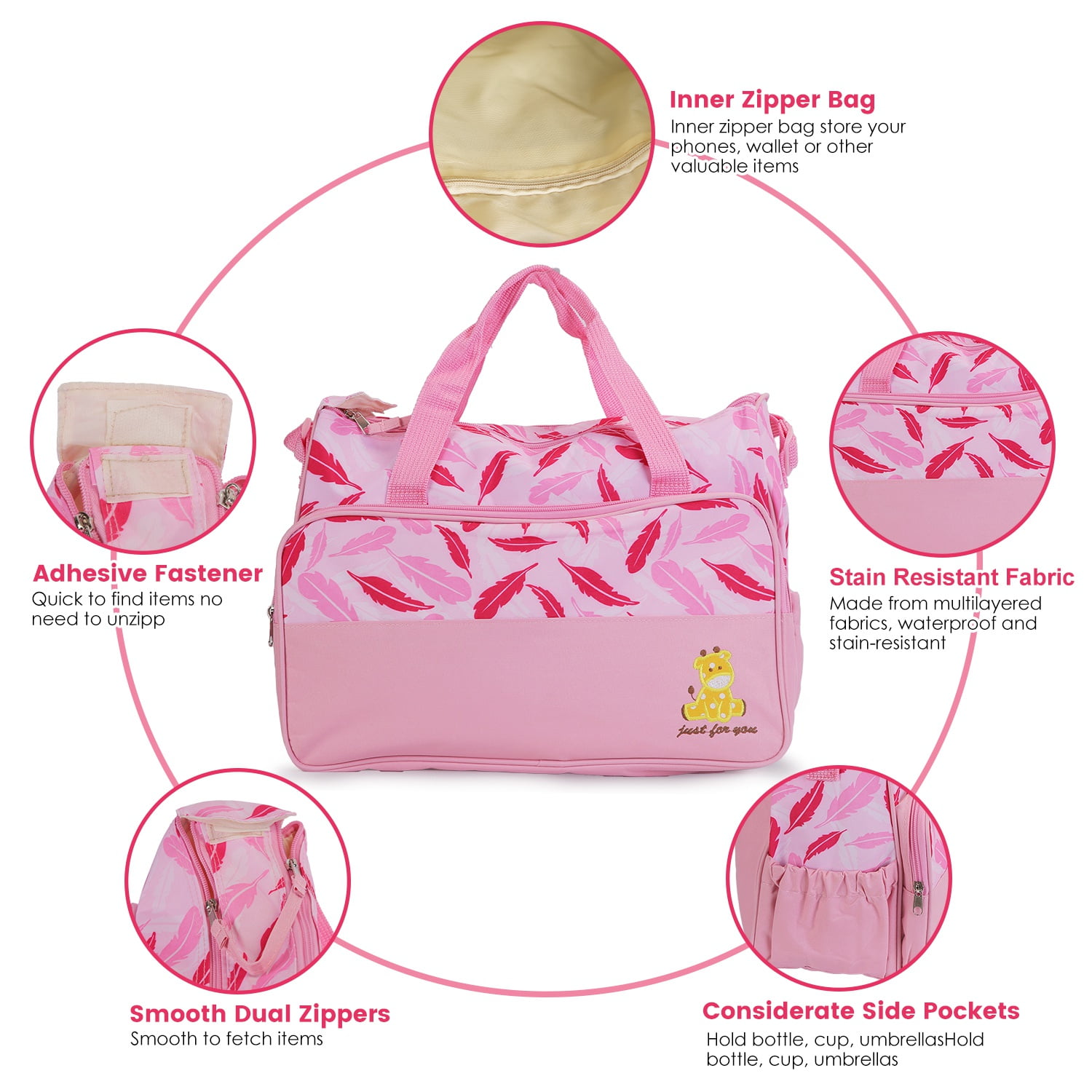 Moclever 5Pcs Baby Nappy Tote Bags Set for Mom Dad, Mummy Diaper Handbags with Diaper Pad Food Bag Bottle Bag Travel Tote Bags, Light Pink