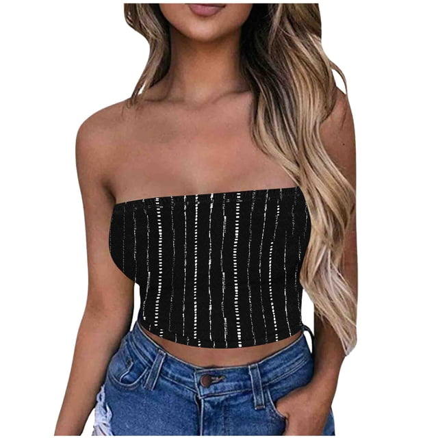 Tube Top for Women, Sleeveless Strapless Solid Color Polyester Top with Elastic Band, Regular Length, Black L