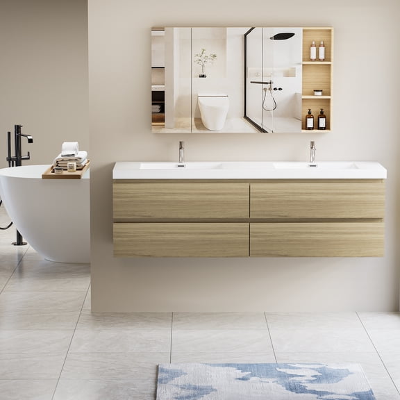 72" Double Sink Vanity Cabinet, Floating Bathroom Vanity with Sink with 2 Resin Top Basin and 4 Soft Close Drawers, Natural Oka