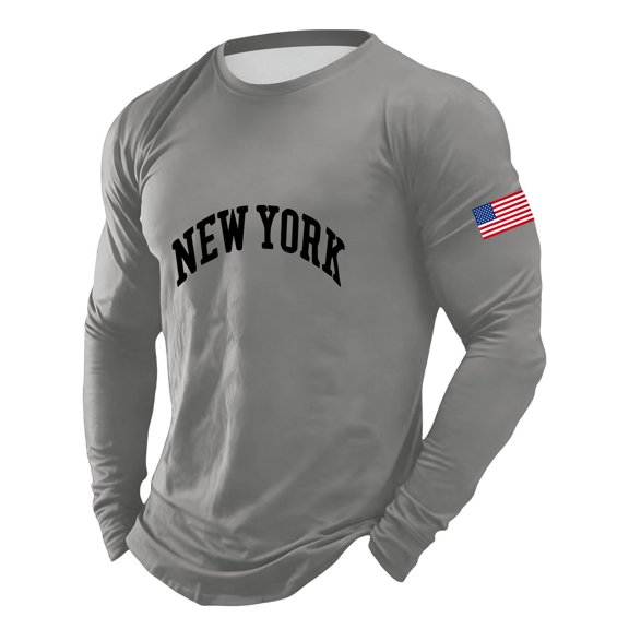 FINALGANG Mens Long Sleeve Crewneck TShirts With Letter American Flag Print Slim Fit Casual Sporty Tees For Summer Daily Wear Gray XXXL