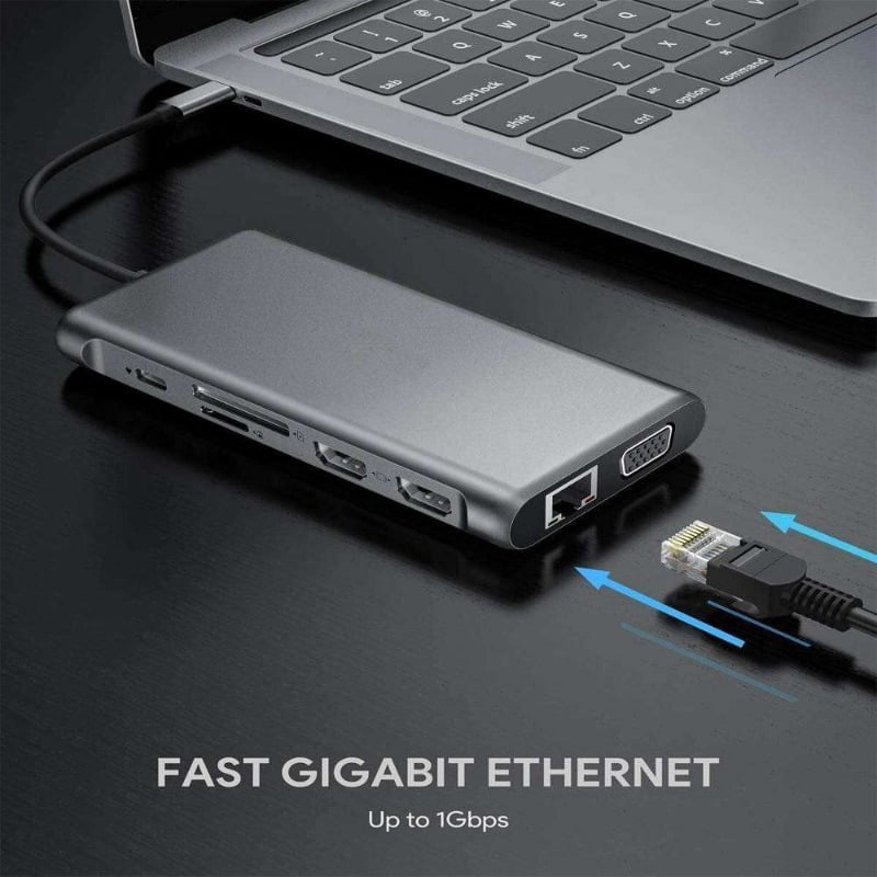 USB C Hub, 12-in-1 USB C Hub Multiport Adapter, with 4K HD, USB-C and 5-Slot USB 3.0 5Gbps Data Transfer Port, SD/TF Card Reader,1Gbps Ethernet RJ45 Hub with DC 3.5Audio