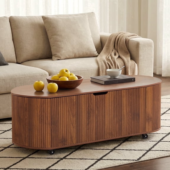 YOCWO Oval Storage Bench with Flip Top and Wheels, Fluted Wave Entryway Bench with Storage End of Bed Bench for Bedroom& Living Room, Walnut
