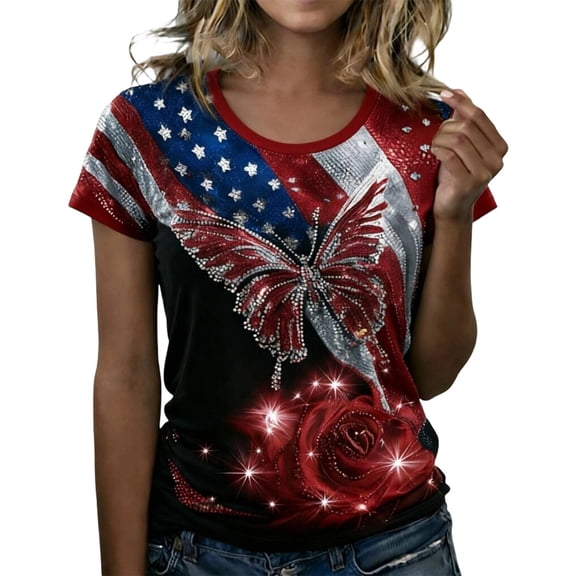 WERYOUNG Patriotic Graphic T Shirt For Women Red White & Blue Print Short Sleeve T-Shirt Fourth Of July USA Festival Tees Home Lounging Comfortable Tops L