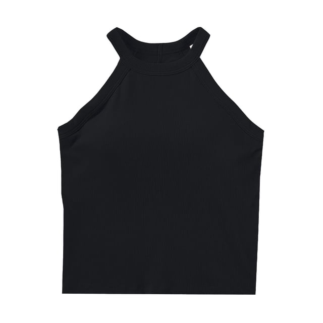 JGGSPWM Women Sleeveless Racerback Tank Tops with Built in Bras High Neck Ribbed Casual Basic Slim Fitted Crop Shirts Black L