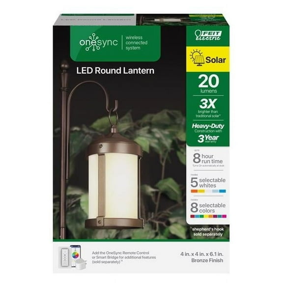 4 in. OneSync Solar Power Metal Round Hanging Lantern, Bronze