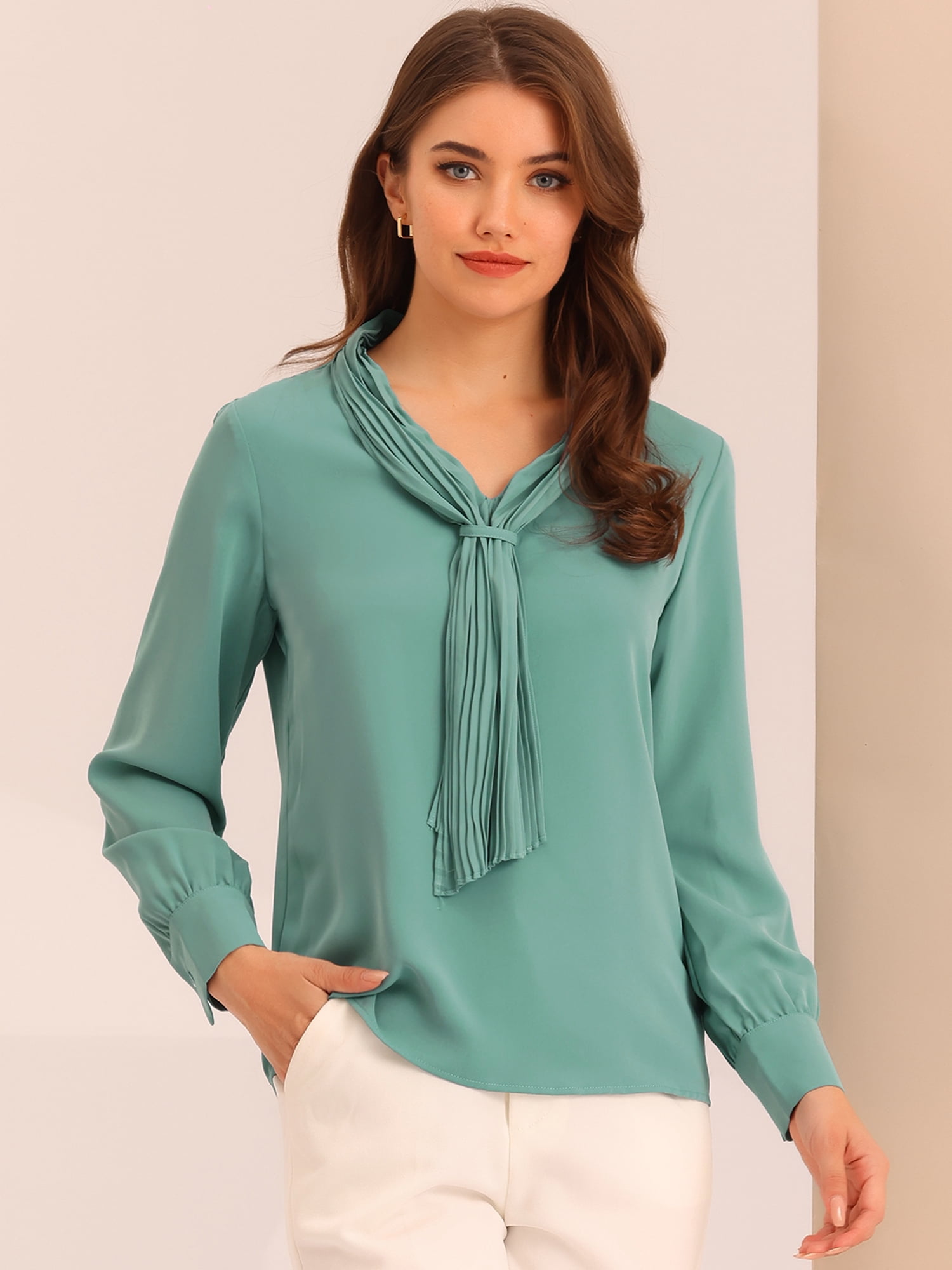 DARING DIVA Work Office Blouse Pleated Top Shirt M Mint Blue