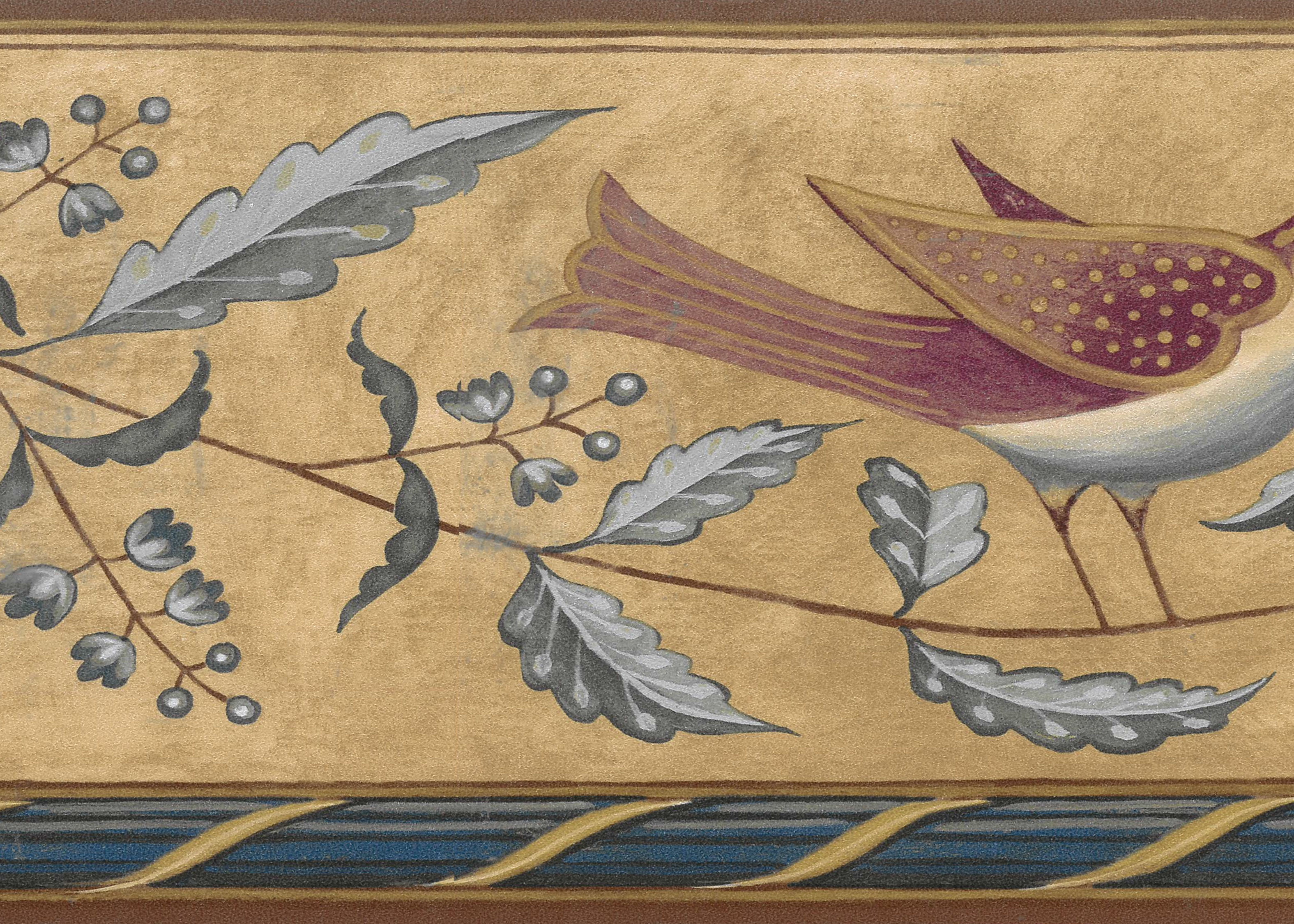 Prepasted Wallpaper Border Nature Brown, Green, Blue Birds, Leaves