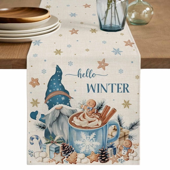 Blue Gnomes Christmas Table Runner 60 Inches, Xmas Gifts Snowflake Winter Rustic Bed Runner Dresser Scarves Tabletop for Indoor Outdoor Parties/Ceremony/Banquet, 13" x 60"