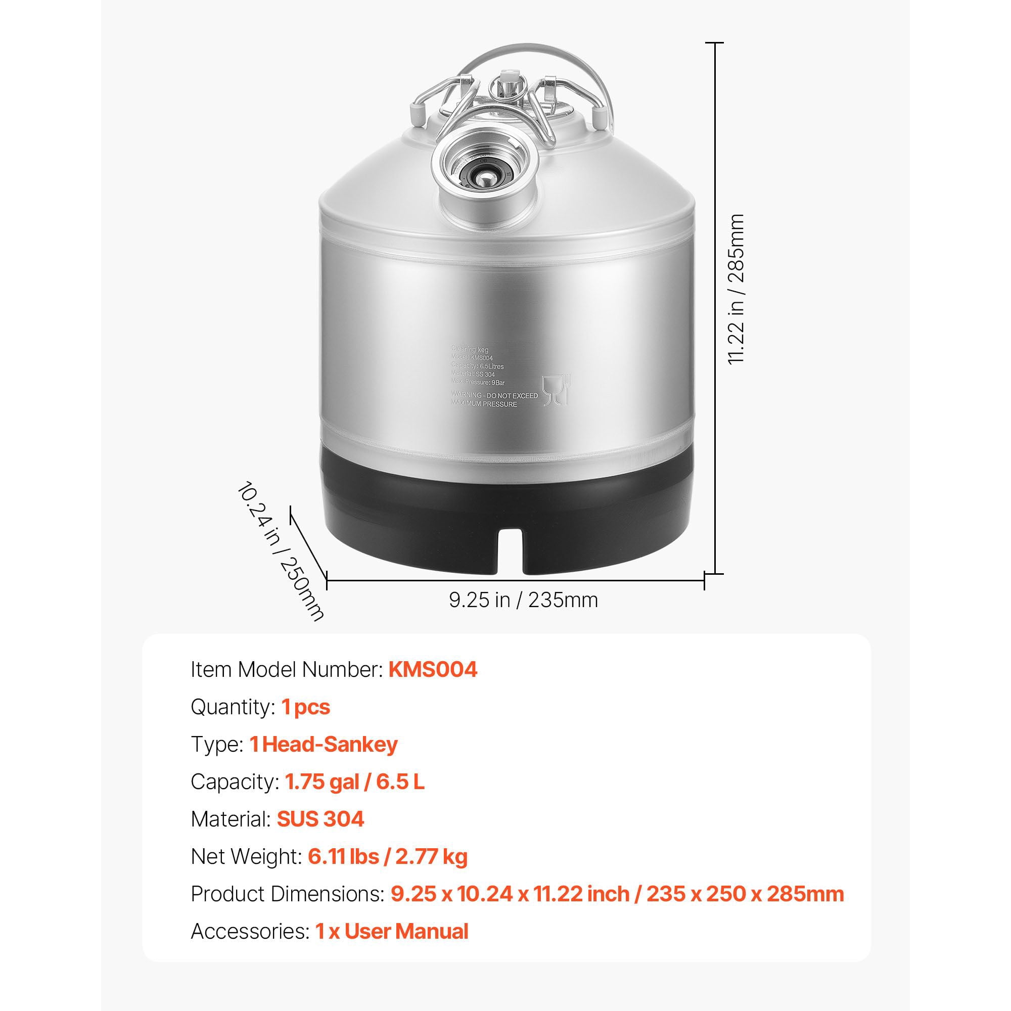 Beer Line Cleaning Kit with D Coupler, 1.75 Gallon Stainless Steel Keg Cleaner for Kegerator Maintenance