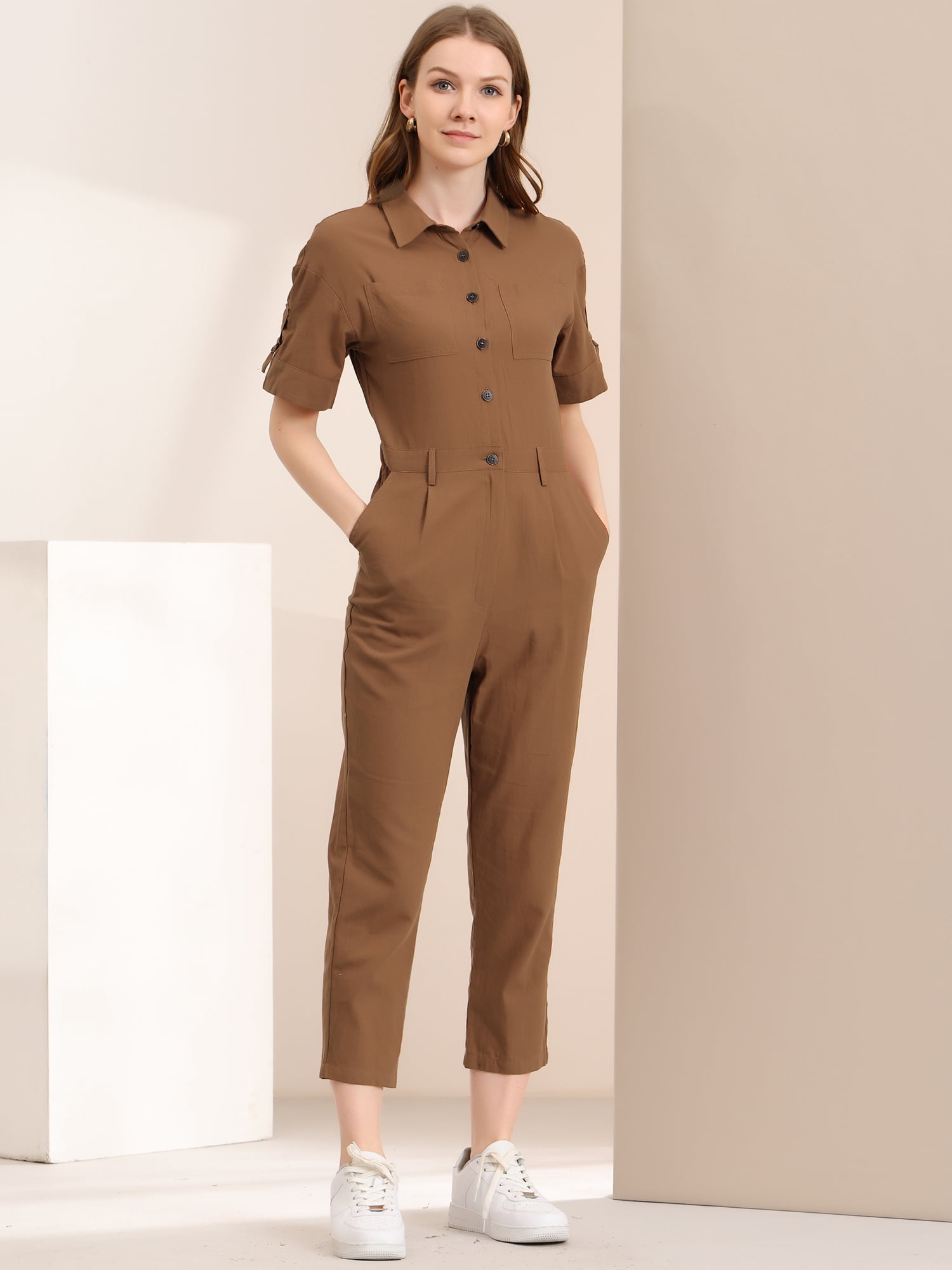 DARING DIVA Women's Short Sleeve Collared Cropped Button Down Tie Waist Jumpsuit S Brown