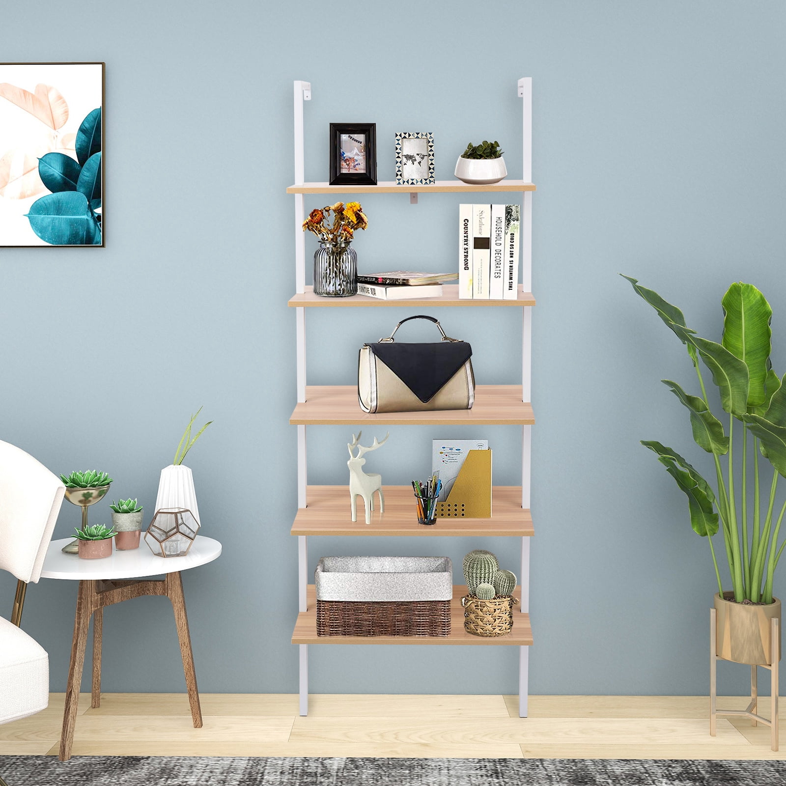 5-Shelf Wood Ladder Bookcase with Metal Frame, Industrial 5-Tier Modern Ladder Shelf Wood Shelves, For Living Room, Bedroom & Office​ Walnut