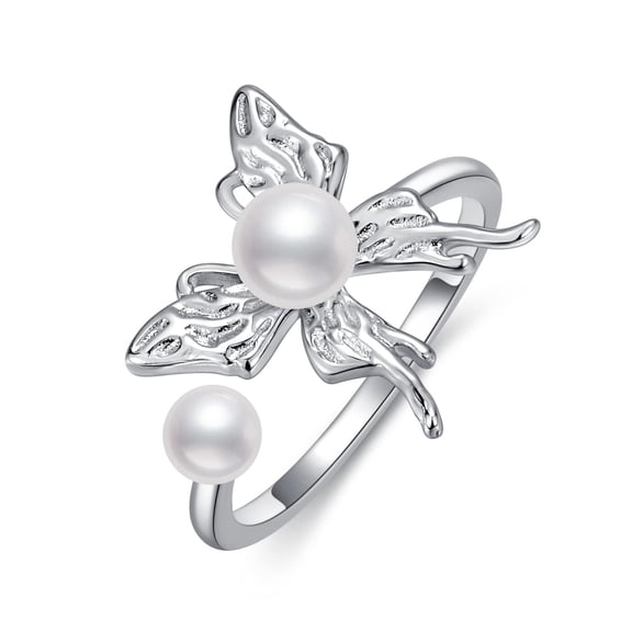 YAFEINI Butterfly Pearl Ring for Women 925 Sterling Silver Butterfly Ring Dainty Open Ring Adjustable Pearl Ring Jewelry for Wife Mom Birthday Anniversary
