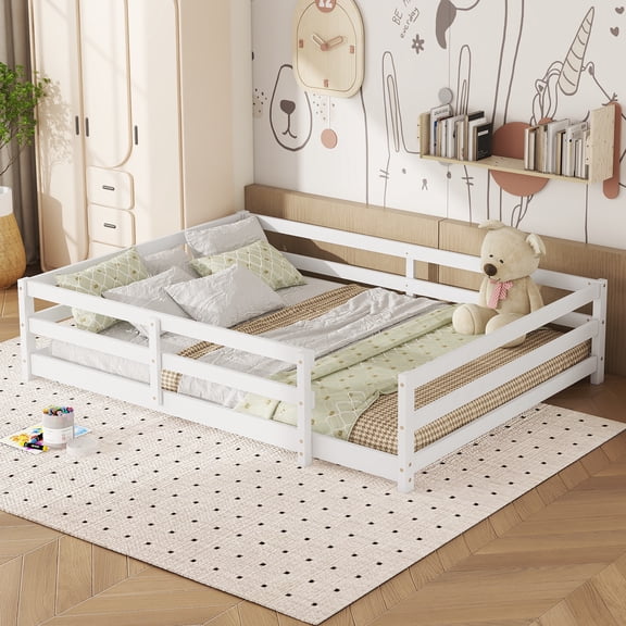 Sesslife Full Size Floor Bed with Door and Fence, Wood Full Floor Platform Bed with Slats, Full Montessori Bed for Boys Girls, No Box Spring Needed, White