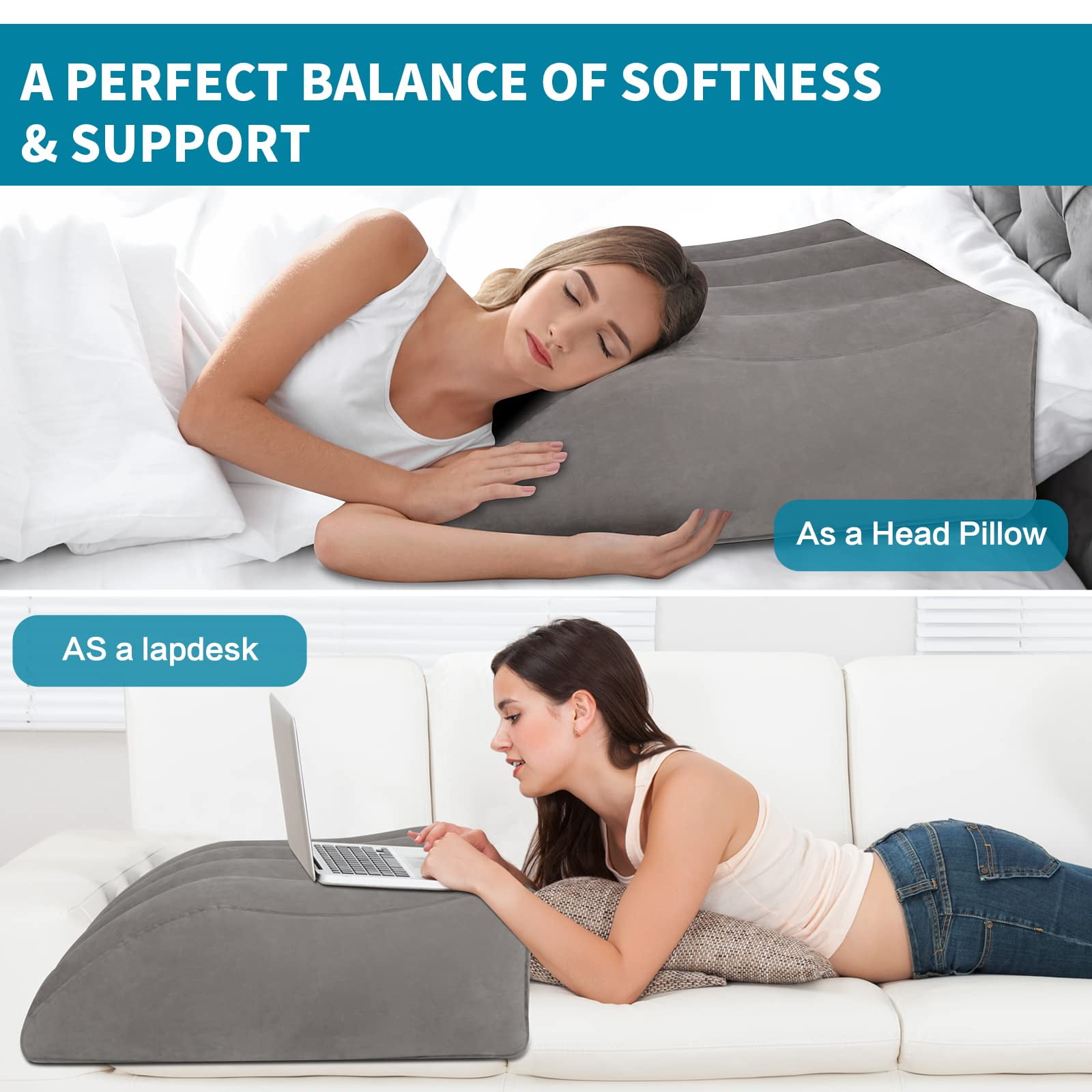 Leg Elevation Pillow, Inflatable Portable Wedge Pillow, Improve Blood Circulation and Reduce Swelling, Use During Recovery from Surgery and Injury, Rest with Elevated Feet, Pregnant Women, Gray