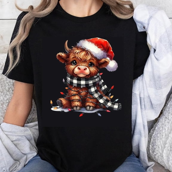 100% Cotton Christmas Bull Cow With Santa Hat And Scarf Festive Holiday Animal Graphic T-Shirt For Women Men Unisex Casual Wear