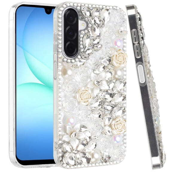XPM for Samsung Galaxy S25 Fan Edition /Galaxy S25 FE Fashion Rose Flower Floral Bling Crystal 3D Full Diamonds Pearl Sparkle Rhinestone Glitter Hybrid Phone Case Cover (Clear)