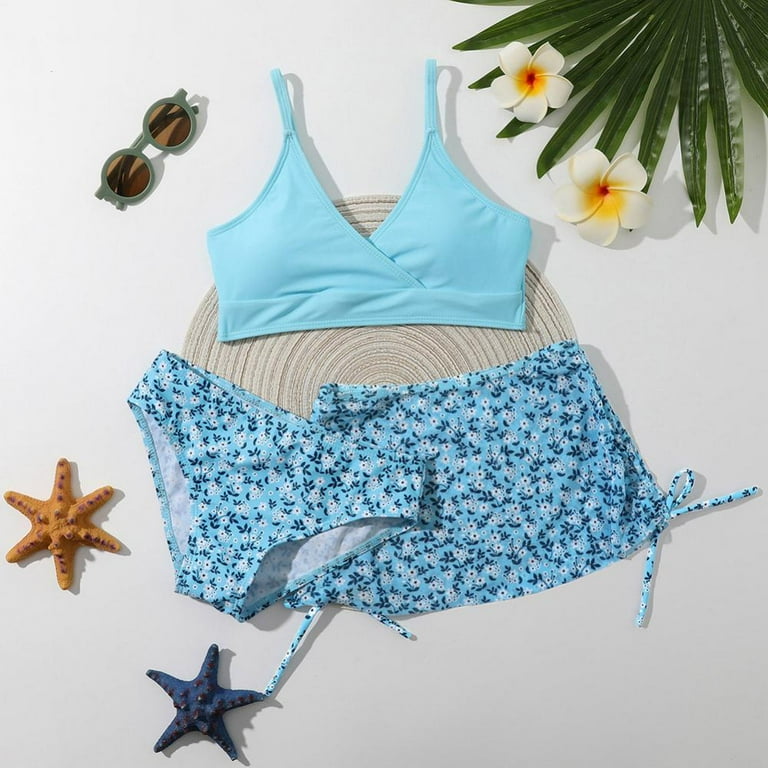 3pcs set Little Girls Swimsuit Padded Bikini Set Floral Print Bathing Suit Kids Swim Skirt Tankini Swimwear Summer Beachwear 8 12Y
