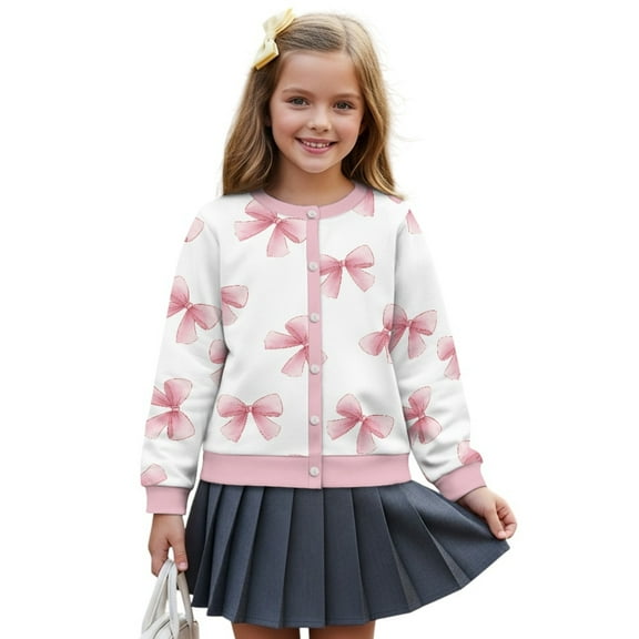 COEQINE Girls Long Sleeve Cardigan with Print, Lightweight Polyester Crewneck Button Front Jacket, Soft Machine Washable Top for School and Casual Wear, Ages 5-6, Pink Bow Ribbons