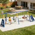 thumbnail image 3 of 8 in1 Swing Sets for Backyard with Kids Slide Outdoor Heavy-Duty Metal Playset for Kids 550lbs Swing Set with Slide, Saucer Seat, 2 Belt Seat, Soccer Goals, Glider,Baby Swing Set and Baketball Hoop, 3 of 16