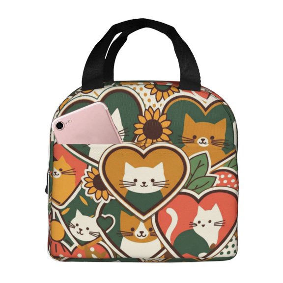 Cat Lunch Bag Reusable Insulated Lunch Box For Women Men Sunflower Cat Pattern Leakproof Thermal Meal Prep Tote With Front Pocket For Work Office Picnic