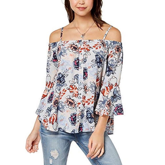 7 Sisters Juniors' Cold-Shoulder Top (Grey Floral, S)