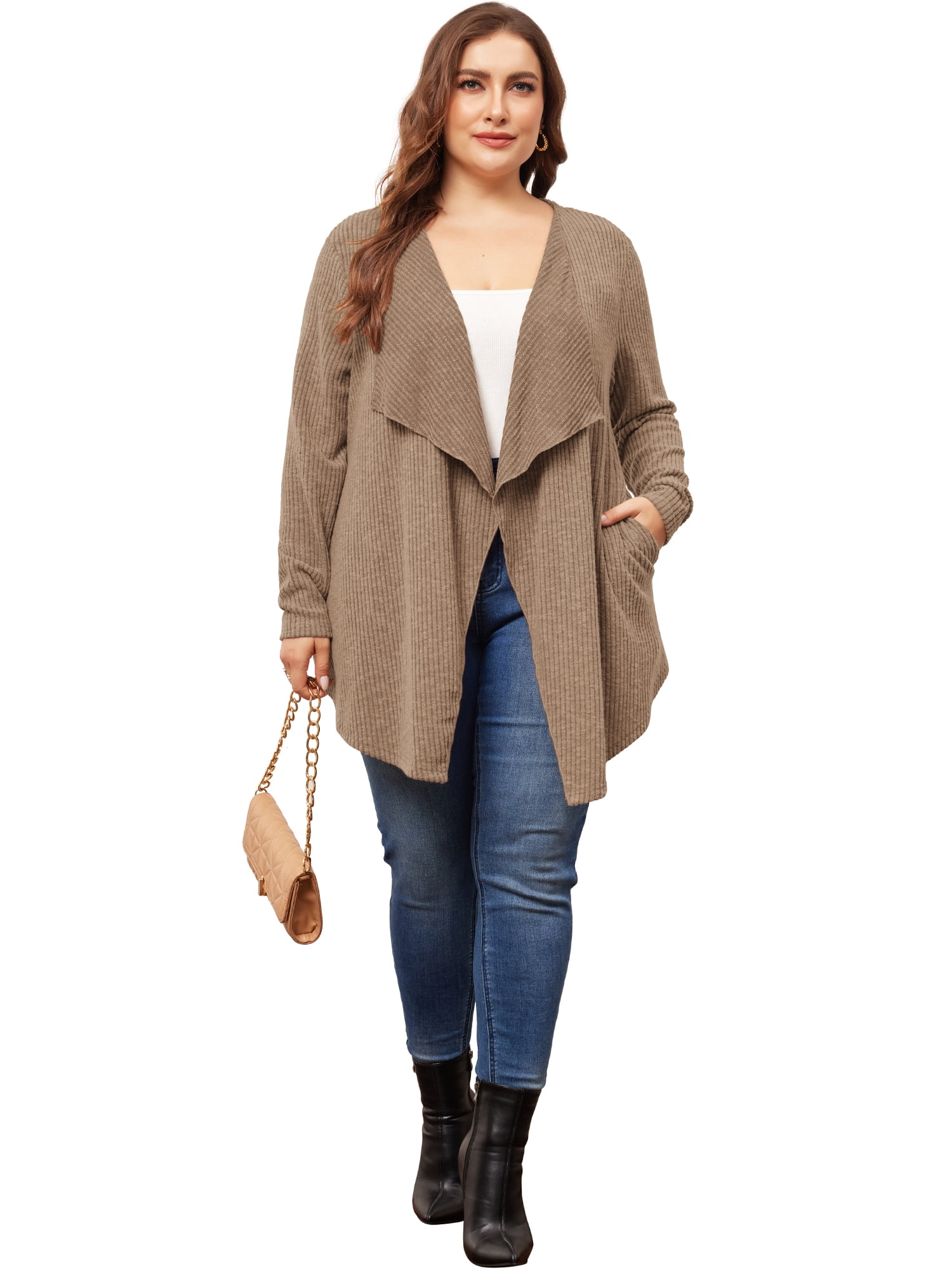 DARING DIVA Plus Size Open Front Irregular Hem Long Sleeve Cardigan 1X Dark Khaki