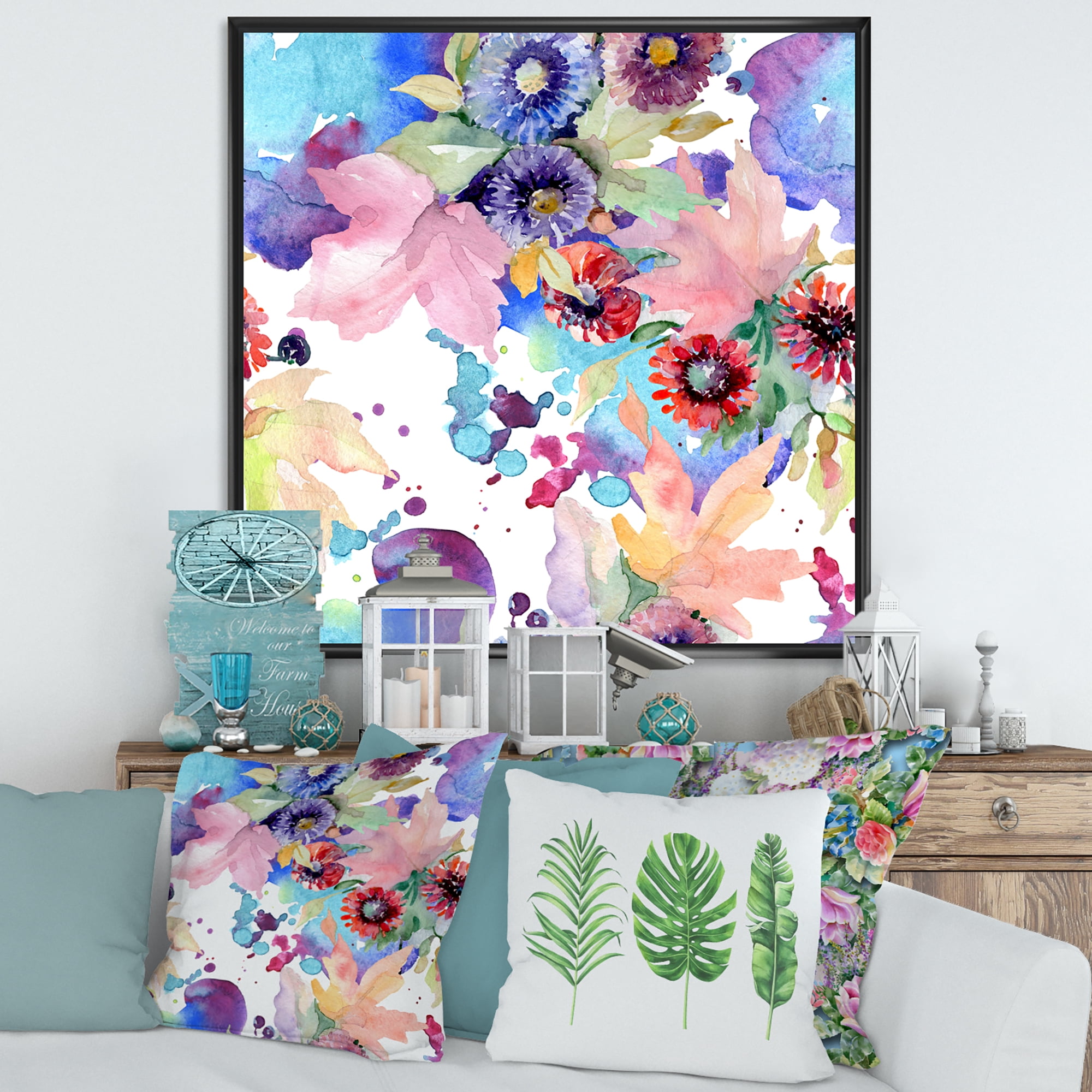 Wildflowers and Vibrant Wild Spring Leaves VIII 30 in x 30 in Framed Painting Canvas Art Print, by Designart