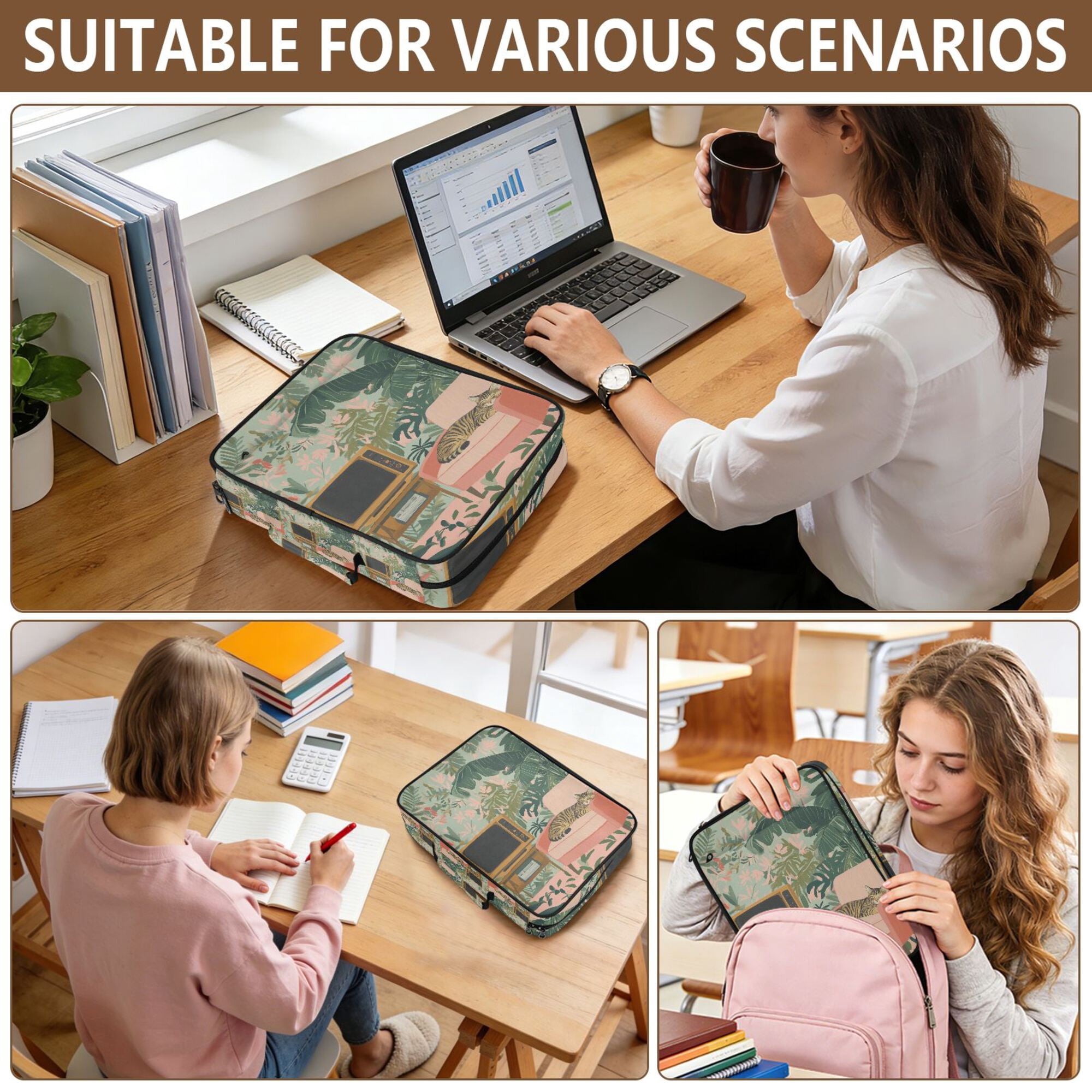 FORMRS Accordion File Folder A4 Size 7-Pocket Expanding Document Organizer Bag with 3 Ring Binder, Pink and Green Cat