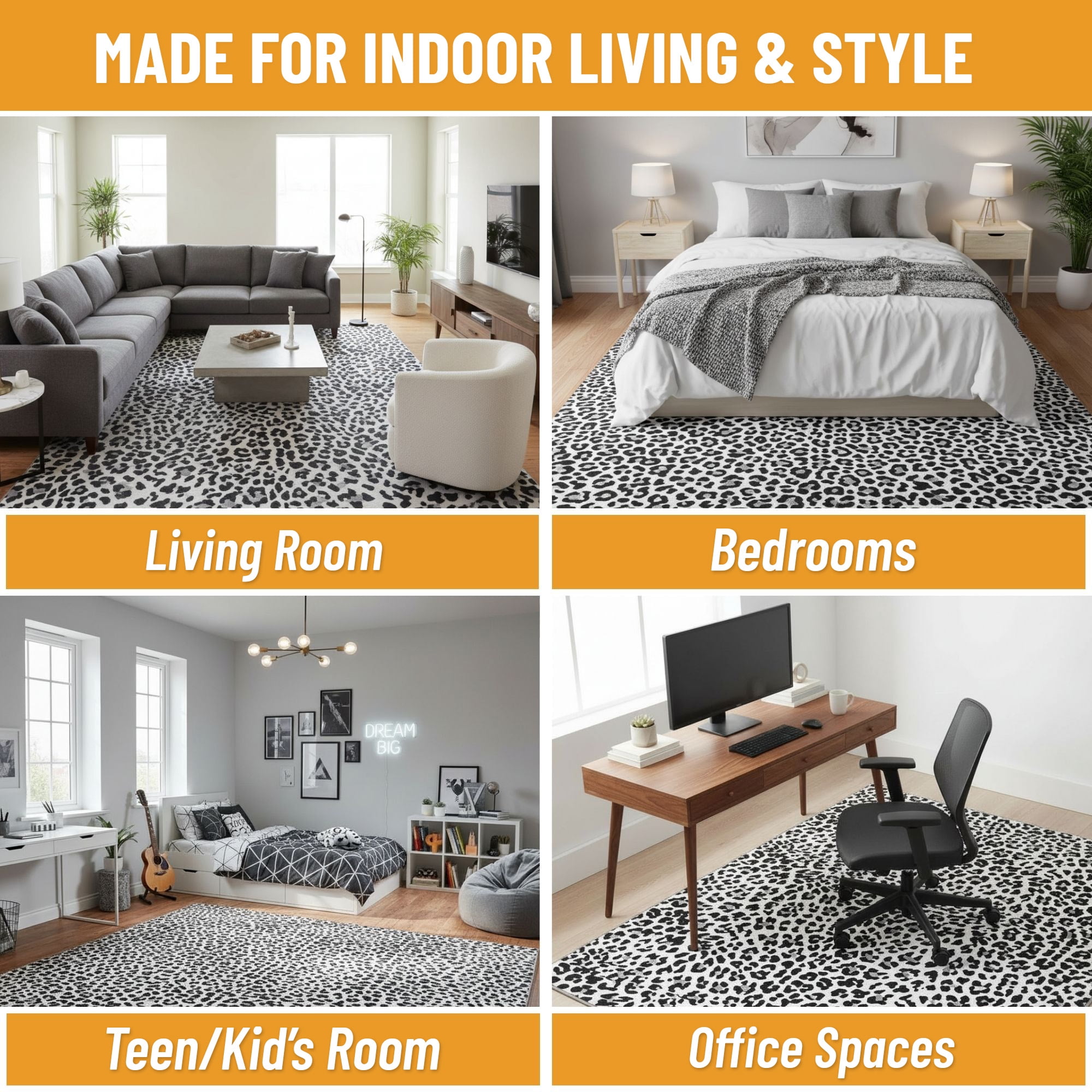 Ottomanson Non-Slip Area Rug 5' x 7'10" Soft Low Pile Bedroom Accent Rug, Leopard Print Black & White