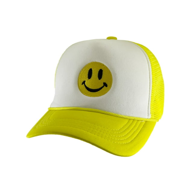 Gravity Threads Smile Face Embroidery Adjustable Trucker Hat - Smile - White/Yellow