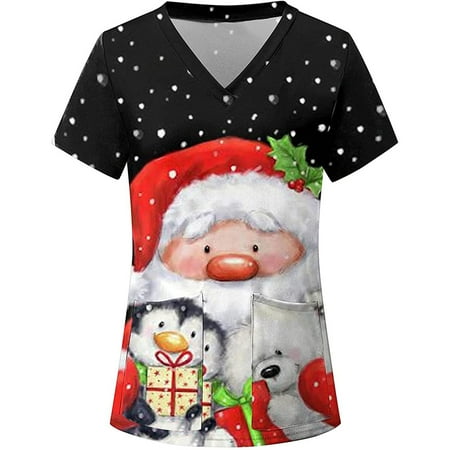 

Women Scrub_Top Working Uniform Blouse Short Sleeve V-Neck Workwear T-Shirt with Pocket Comfy Tops XL