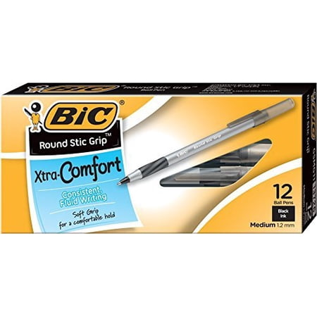 BIC Round Stic Grip Xtra Comfort Ballpoint Pen, Medium Point (1.2mm), Black, 12-Count